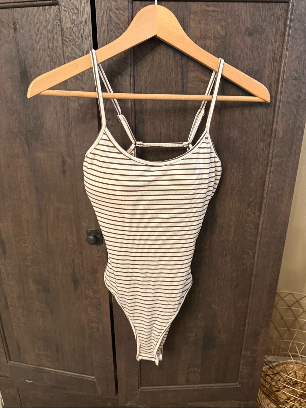 SHEIN White and Black Striped Ribbed Spaghetti Strap Bodysuit and open back
